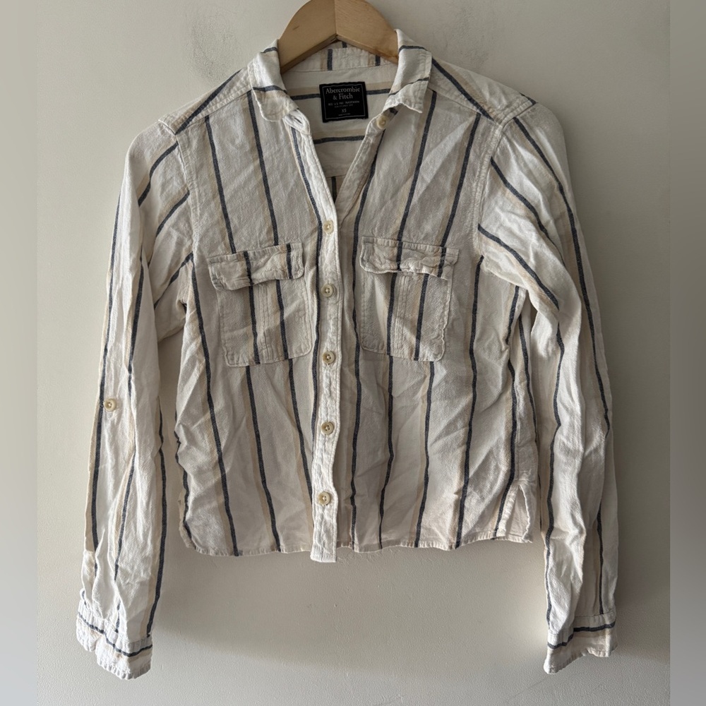 Abercrombie & Fitch Button Up Linen Blend Shirt White Blue Long Sleeve